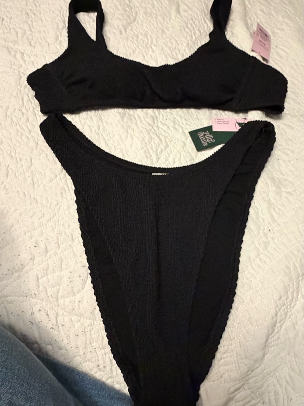 wild fable Black Ribbed Bralette & High-Cut Bikini Set